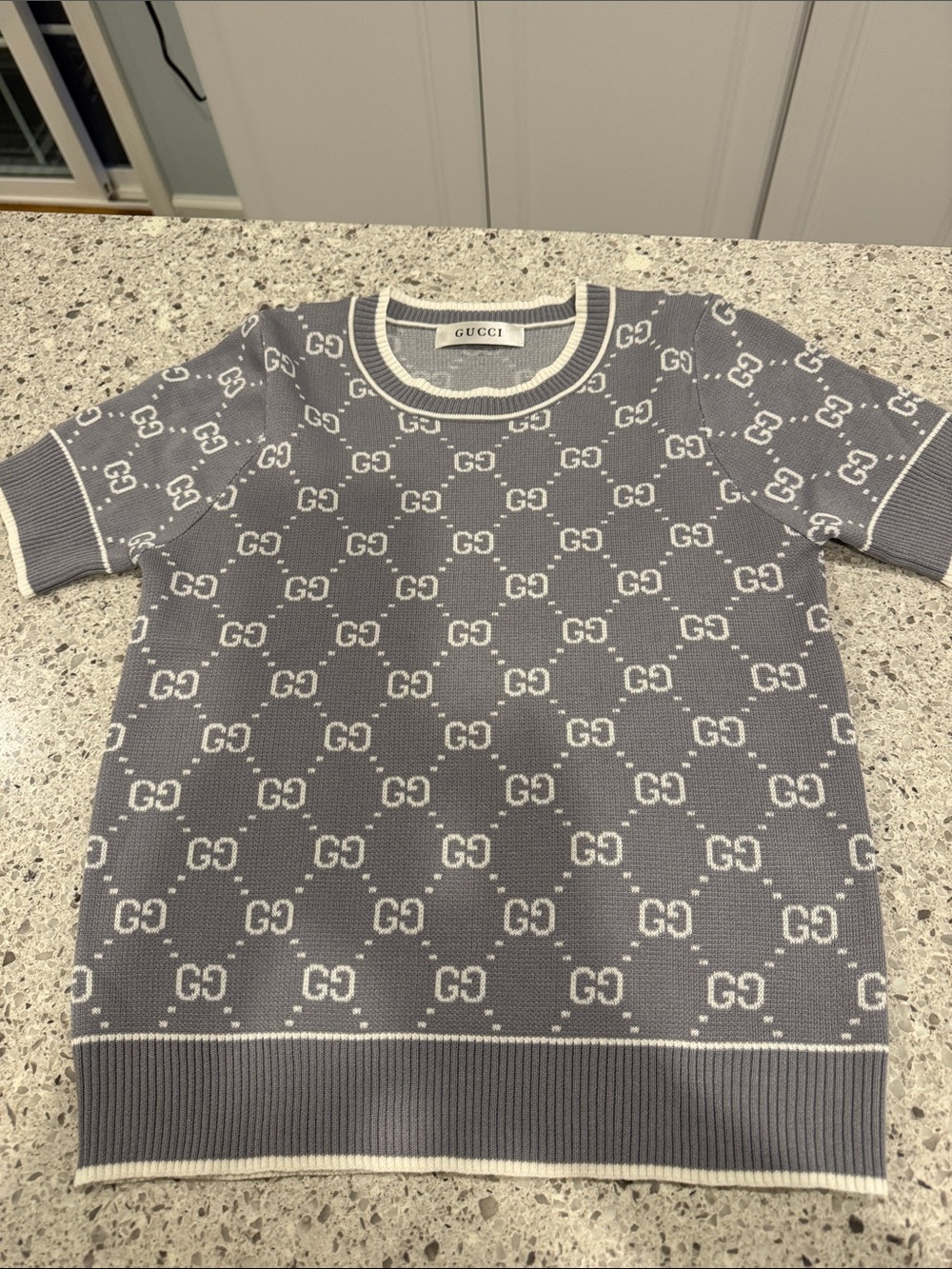 Gucci Grey and Cream Short-Sleeve GG Knit Crewneck Sweater